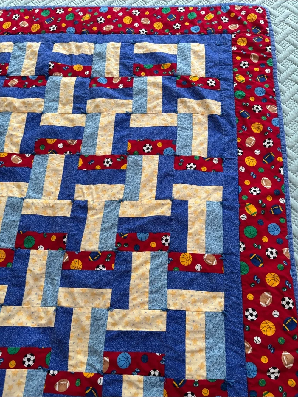 Handmade Sports Patchwork Quilt - Red, Blue, Yellow